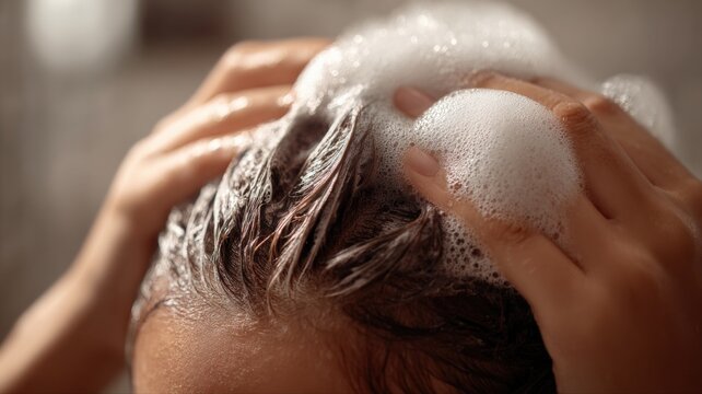 Close Up Of Hands Washing Hair With Abundant White Shampoo Lather In A Shower