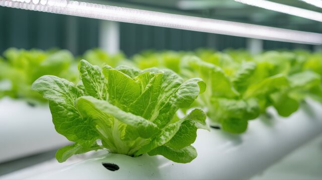 Rows of healthy green lettuce plants growing indoors under artificial LED lights in a modern hydroponic farm system