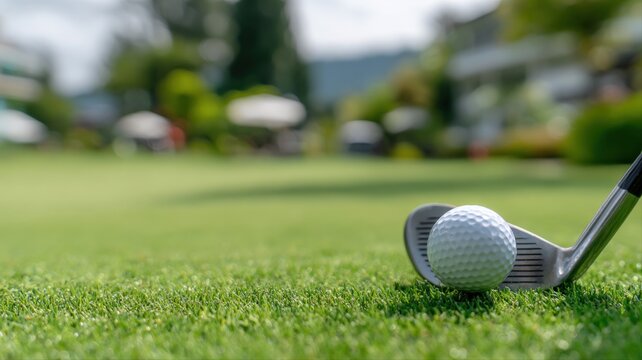 Close-up of golf club head about to strike a white golf ball on a lush green golf course fairway.