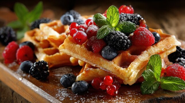 Sweet Dutch waffles, mint, and berries sat on a wooden table, arranged for a pleasing view.