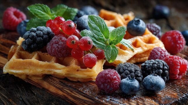 Sweet Dutch waffles, mint, and berries sat on a wooden table, arranged for a pleasing view.