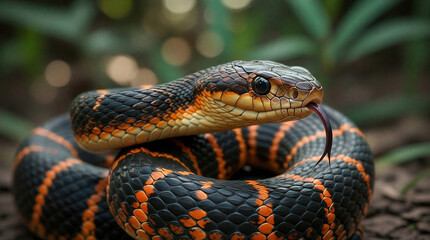 Fototapeta premium The coiled snake has a bright, contrasting coloration. Its body is covered in scales that shimmer in the light. Its tongue is forked and protruding, which it uses for orientation and to locate prey.