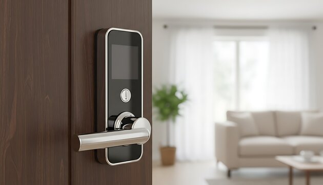 Modern electronic door lock with silver handle and digital screen