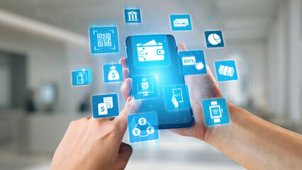 Digital wallet icons show mobile payment, digital wallet transfer, and online banking. Digital wallet supports secure payment, cashless transactions, and financial integration. Gist © InfiniteFlow