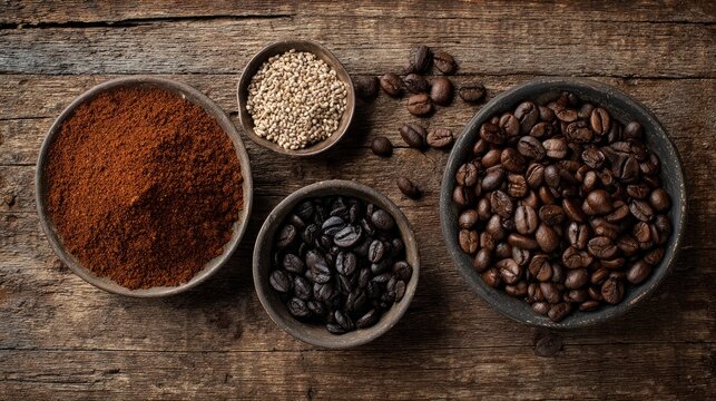 Ground coffee and whole beans sit on a wooden surface, viewed from above.