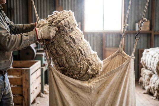 Agricultural worker loading large heavy bale of raw wool into suspended sack