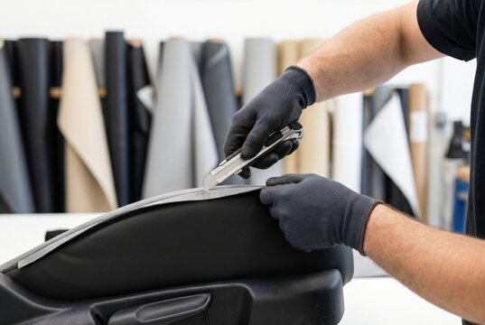 Upholsterer wearing safety gloves using utility knife to cut fabric on car seat
