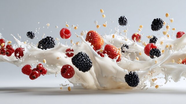 Milk, corn, and berries fly in the air over a white surface.