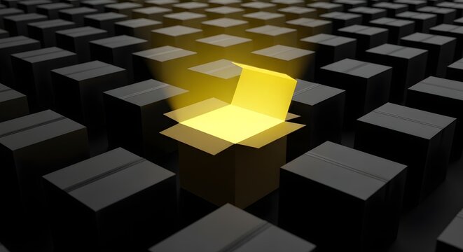 Glowing yellow box, creative solution, innovative thinking, problem solving concept