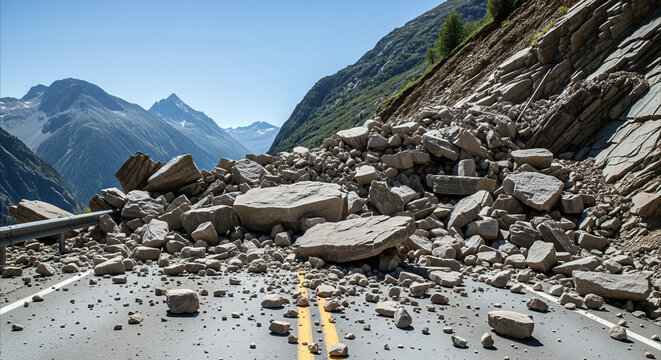 Massive rockfall blocks mountain highway, debris covering asphalt road, natural disaster and travel disruption