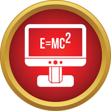 Computer monitor displaying the fundamental physics formula emc2 inside a red and gold circle