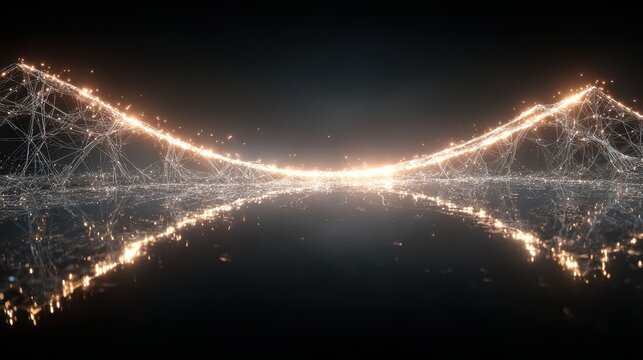 Digital data network bridge with glowing lines and reflections on dark background