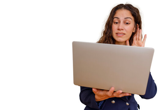 Woman hearing online during remote work video call, having difficulty listening, needing help with communication, transparent background