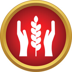 Naklejka premium White hands iconically protecting a wheat stalk inside a red and gold button