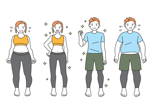 ダイエット・痩せた男性と女性のイラスト　ビフォーアフター