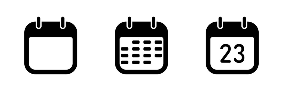 Calendar icons set with grid and date, solid schedule planner symbols, minimal event and timetable UI icons