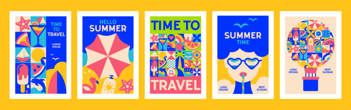 Summer poster set with travel and sale concepts in geometric mosaic style, modern templates