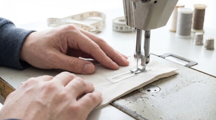 Naklejka premium Tailor hands guiding light colored fabric through an industrial sewing machine