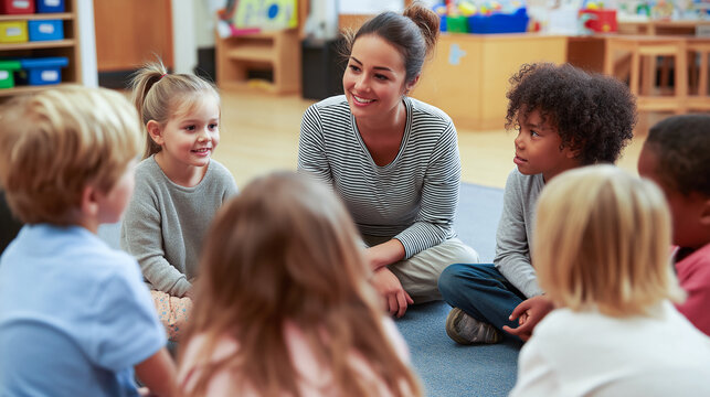 Teacher sitting with preschool children in classroom circle time, early childhood education, group discussion, social learning and inclusive care