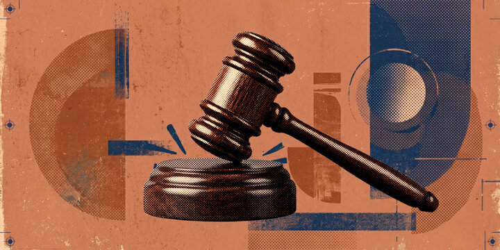 A gavel illustration - modern, abstract background concept for law firm, attorney advertisement or website banner - justice, guilt, innocence and judgment in the courtroom concept.