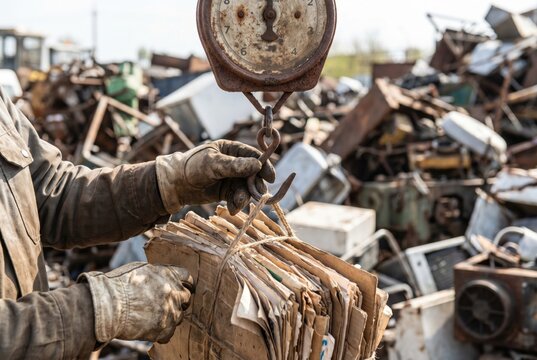 Recycling worker using a hanging mechanical scale to weigh a bundle of scrap cardboard
