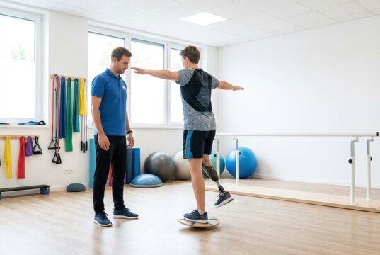 Physiotherapist supporting young man with leg prosthesis during balance training on wooden board. Rehabilitation session in medical center to improve mobility and athletic recovery.