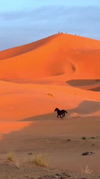 Majestic Black Horse Galloping in the Golden Sahara Desert at Sunset