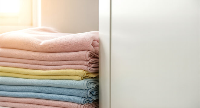 Stacked pastel blankets in a bright, minimalist closet, offering a serene and organized storage solution for lifestyle inspiration.