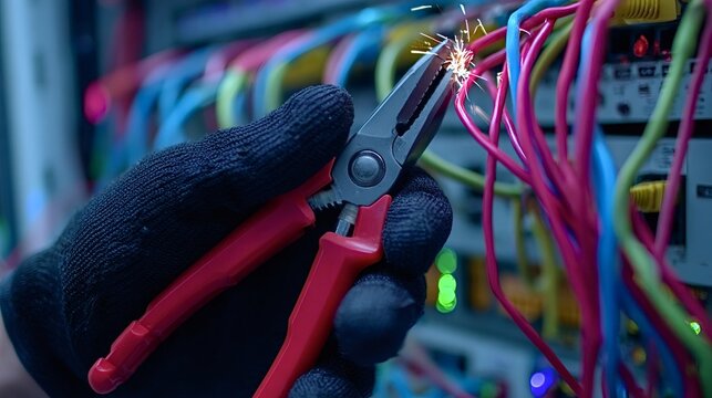 Gloved hand using pliers to cut a colorful network cable, creating electrical sparks and potentially causing a power cut or system failure in a server rack