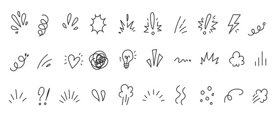 Set of cute line doodle comic design elements. Movement and motion expression, magic and light effect, heart, star shape sketch. Childish handwriting scribbles. Japanese style drawing © ISHWARAN