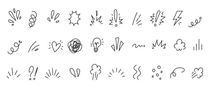 Set of cute line doodle comic design elements. Movement and motion expression, magic and light effect, heart, star shape sketch. Childish handwriting scribbles. Japanese style drawing