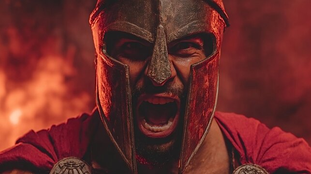 Spartan warrior wearing a corinthian helmet and red cape, yelling fiercely with an angry expression against a dramatic red background, symbolizing battle, strength, and intimidation