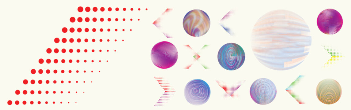 Abstract circular halftones element set, geometric dotted ring and spiral circle shapes for modern design, technology, or motion graphic backgrounds. Dotted round elements, radial spirals, and vortex.