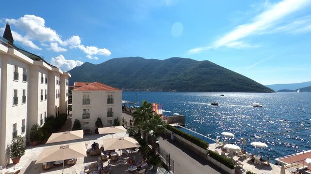 Perast, Montenegro - April 01, 2026: Perast waterfront terrace, Montenegro hotel view