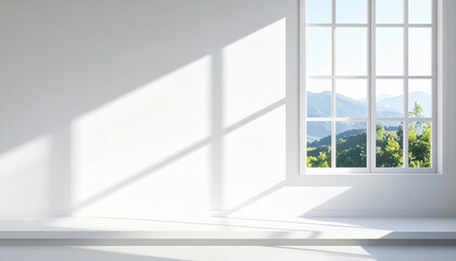 Fototapeta premium Soft Morning Light Casting Window Shadows on White Interior with Scenic Mountain View Outside