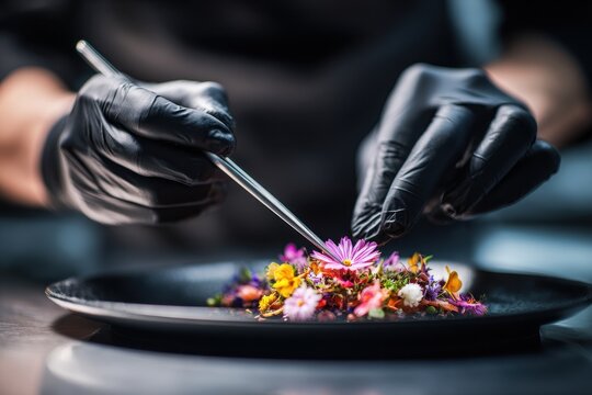 Meticulous chef in black gloves artfully arranging vibrant edible flowers on a gourmet dish with tweezers.