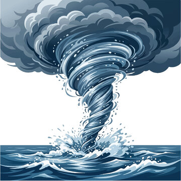 Powerful Tornado Forming Over Ocean Waters with Rotating Cloud Column.