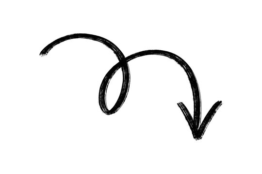 Hand drawn black brush downward curved arrow with loop on transparent background