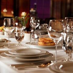 Fototapeta premium Elegant Table Setting With Food and Drinks for a Dinner Event in a Restaurant