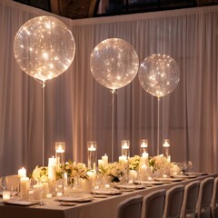 Fototapeta premium Elegant Table Setup With Lights and Balloons for a Special Event in a Bright Venue