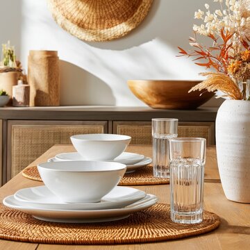 Table Set With White Dishes and Glasses Arranged With Decor in a Bright Dining Space