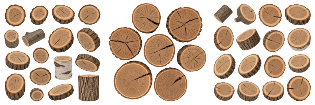 Set and collection of Round Wood Slices isolated on white transparent png background