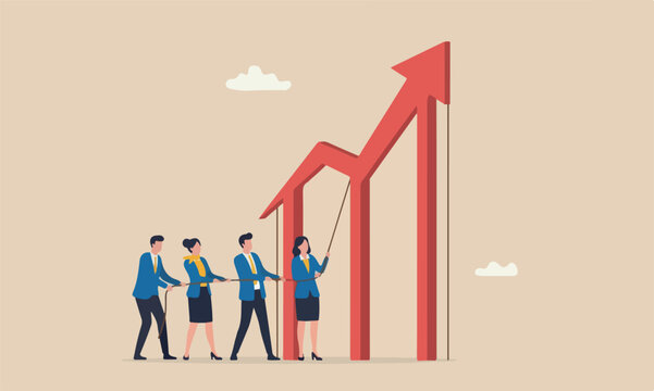 Teamwork flag on red pillars business goal concept, group of businessmen and women office workers help and support to pull rising up