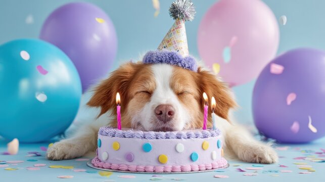 Birthday celebration theme for party event. A Cavalier King Charles Spaniel peacefully sleeping beside a birthday cake adorned with lit candles.