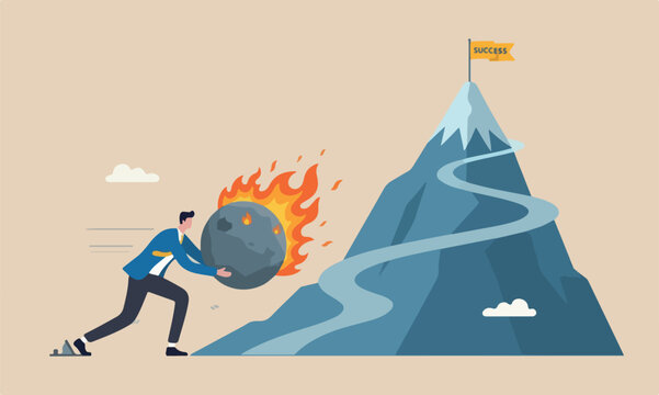 Advantage ,boulder uphill mountain peak agility or innovation for success, leadership concept, businessman prepare to running with ignite firework