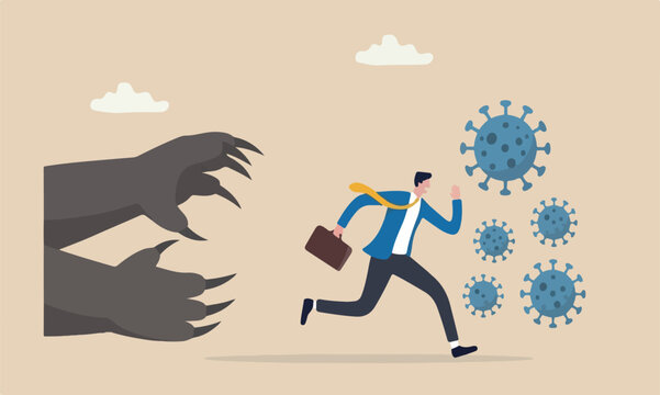 Bear market Virus pandemic, stock market panic sell from novel corona virus, investor run away concept, panic businessman run away from COVID-19 virus pathogens but meet with bear claws