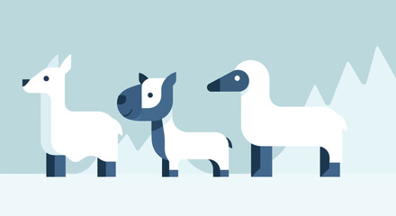 Flat Design Arctic Animals: Llama, Reindeer, Sheep in Snowy Landscape © brian