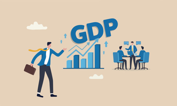 GDP percentage value report concept, businessman stand with GDP word and growing graph and chart