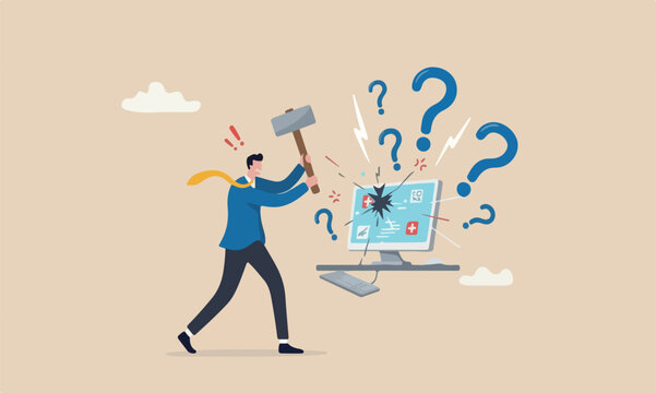 Frustration tech failure, stressful or anxiety from overworked or disappointment and mistake concept, frustrated businessman hitting to computer with hammer