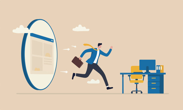 Ending COVID lockdown, people back to work in the office, end remote working and return to work face to face concept, businessman jumping from remote video call running back work in the office